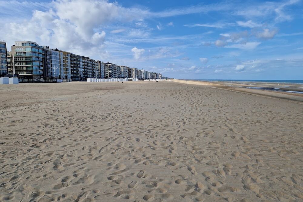 Het brede strand van Koksijde met de bebouwing langs de zeedijk